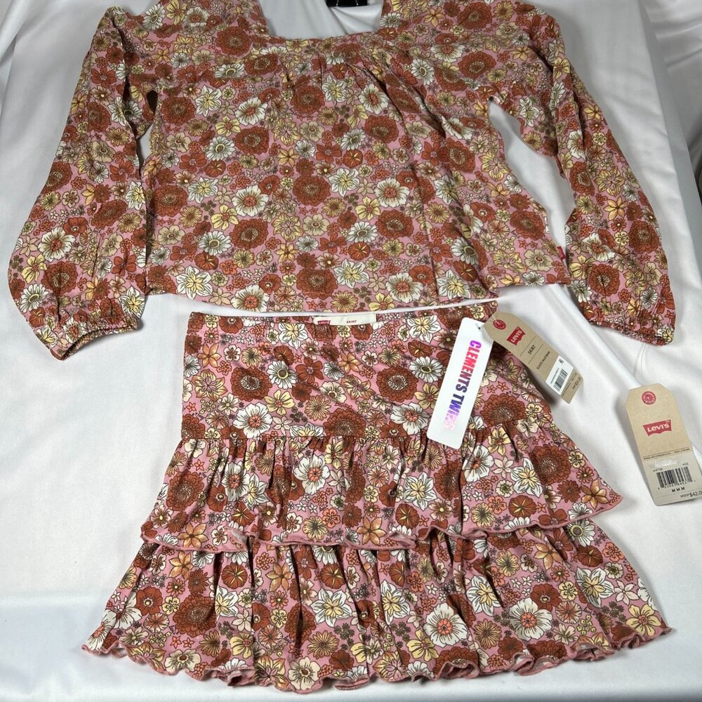 Lot Of 2 Juniors Medium Levi’s Top And Ruffle Skirt Set Floral Feminine Crop NWT